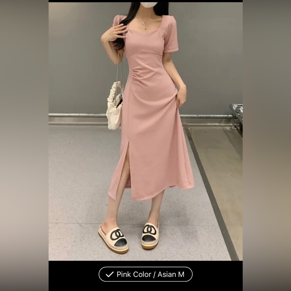 Split hem, rushed square neck A line dress medium